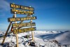 Peak sign at Uhuru Peak in bright blue sky