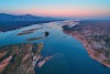 Aerial, east view of Zambezi river during sunset. Mana Pools NP, Zimbabwe